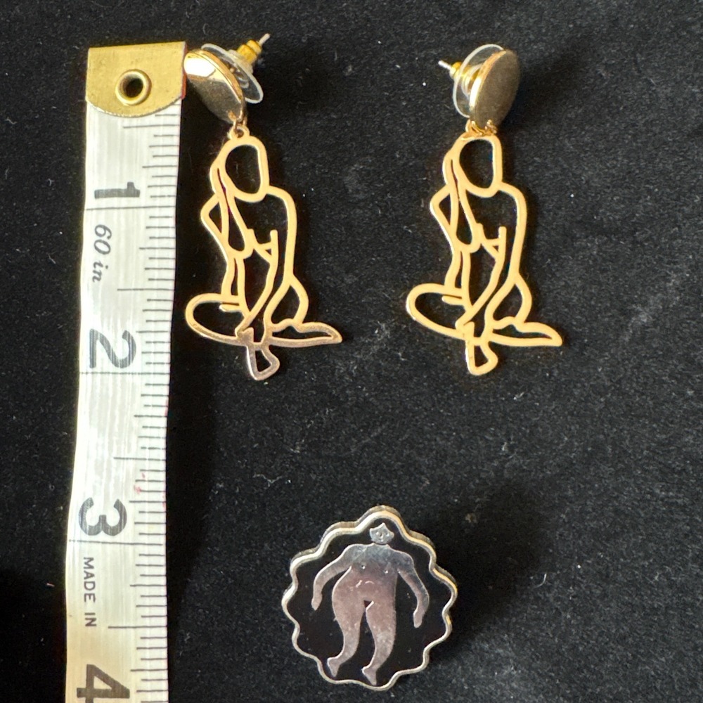 Abstract Female Silhouette Gold Tone Drop Earrings and Enamel Pin Set